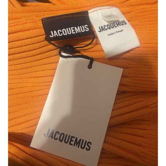 JACQUEMUS Women's 34 Orange Le Raphia Rib Knit Scoop Logo Gold Cardigan NWT - Picture 5 of 6